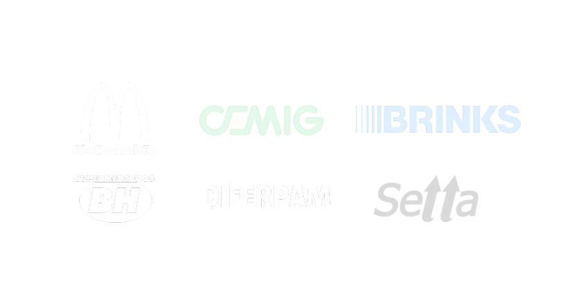 Logos de clientes que confiam na Tramel: McDonald's, CEMIG, Brinks, Panificadora BH, Diferpam e Setta